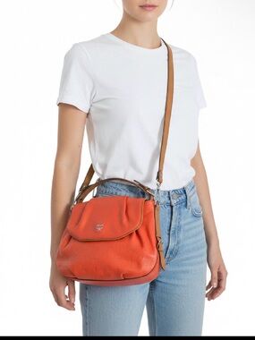 MCM Orange Leather Shoulder Bag with Brown Strap